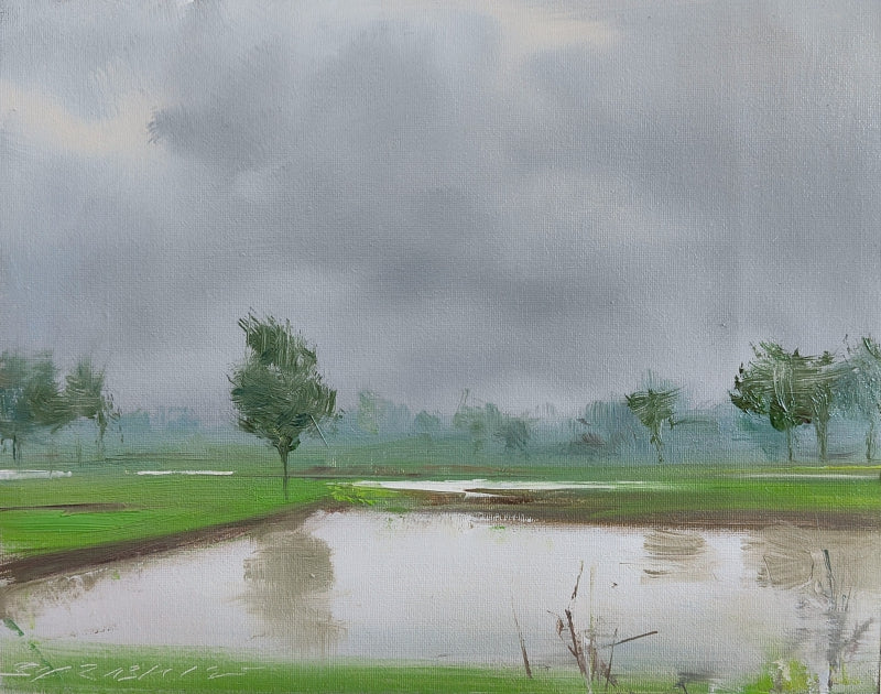 Monsoon Mist' nature oil painting by artist Surabhi Gulwelkar, 9x11 inch, on linen