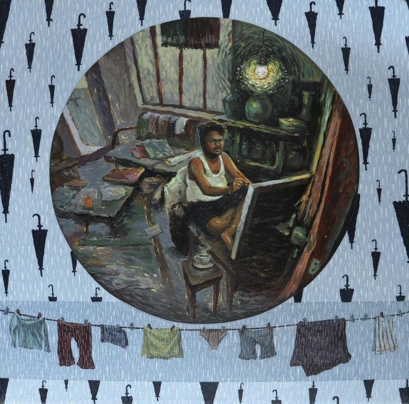 Figurative acrylic painting titled 'Monsoon Mood', 24x24 inches, by artist Purshottam Pawar on Canvas