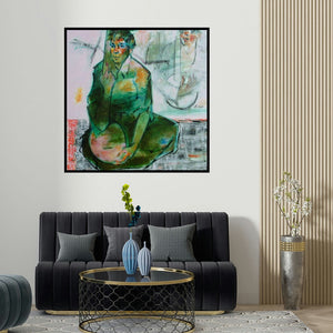 Ajay Deshpande's 'Monsoon Raga' painting visualized above a sofa in a contemporary room.