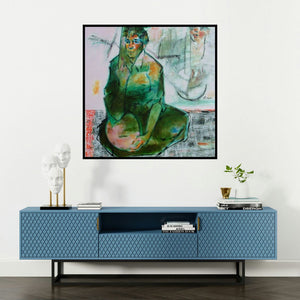 'Monsoon Raga' painting by Ajay Deshpande shown on a wall in a furnished room.