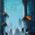 Cityscape acrylic painting titled 'Monsoon Ride 11', 48x18 inches, by artist Somnath Bothe on Canvas