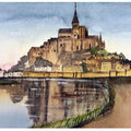 Cityscape watercolor painting titled 'Mont Saint Michel Normandy France', 7x11 inches, by artist Arunava Ray on Paper