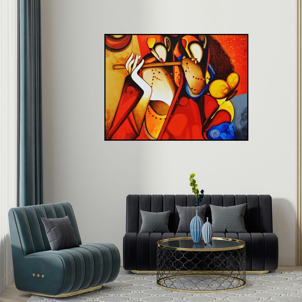Om Swami's 'Moods' painting visualized above a sofa in a contemporary room.
