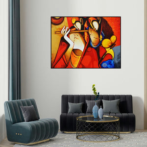 Om Swami's 'Moods' painting visualized above a sofa in a contemporary room.