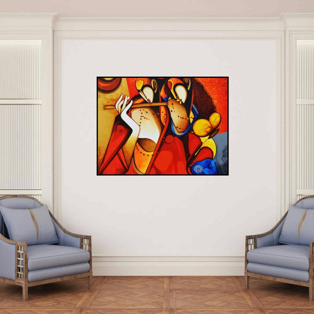 'Moods' painting by Om Swami shown on a wall in a furnished room.