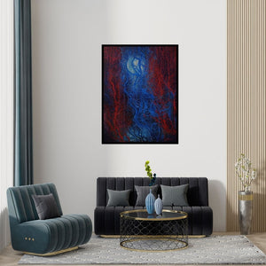 Preview of 'The Moon (Lunar Lullaby)' Painting by Anil Kumar Vishwakarma shown on a wall in a furnished room.