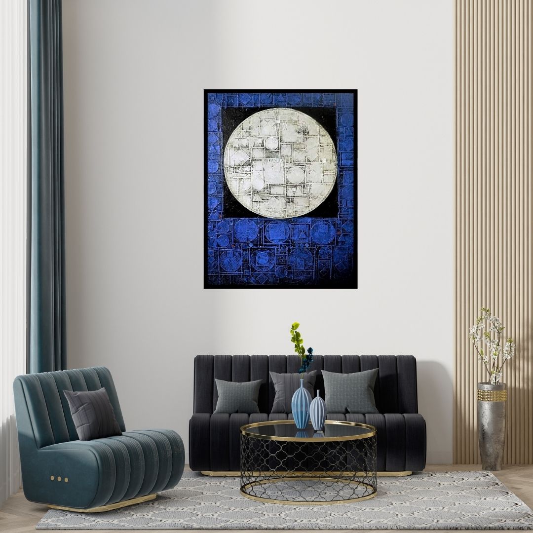 Preview of 'Moon' Painting by Basuki Dasgupta shown on a wall in a furnished room.