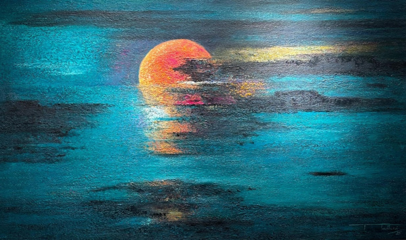 Moon Series 1' landscape oil painting by artist Madhuri Bhaduri, 36x60 inch, on canvas