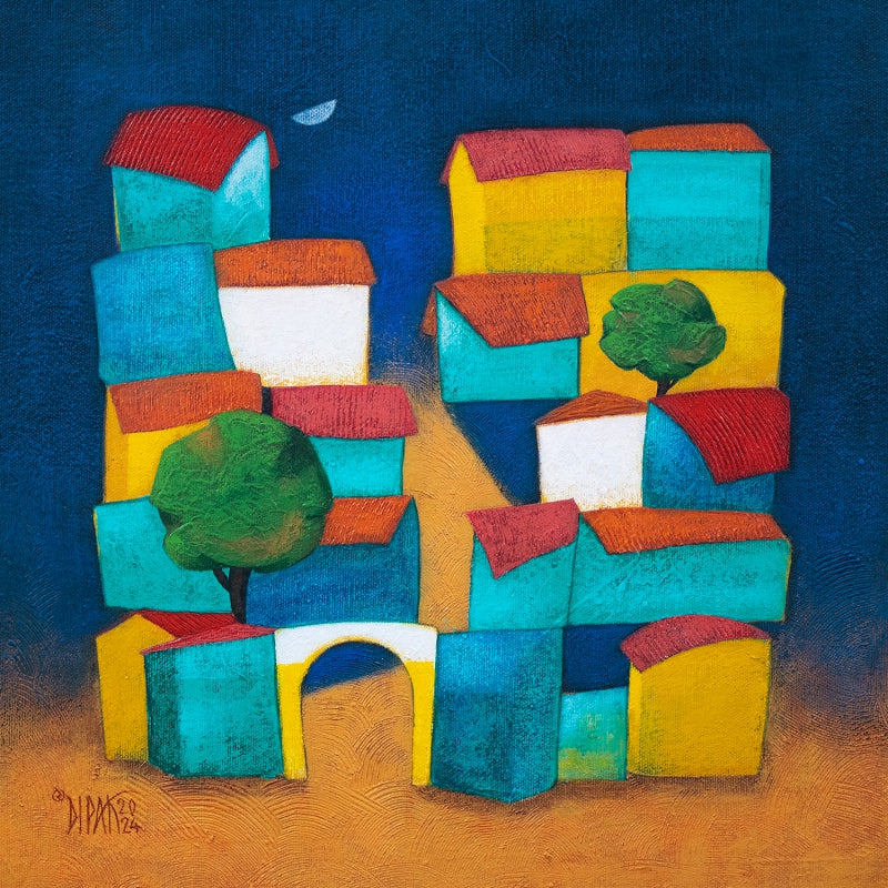 The Moonlight' cityscape acrylic painting by artist Dipak Asole, 13x13 inch, on canvas