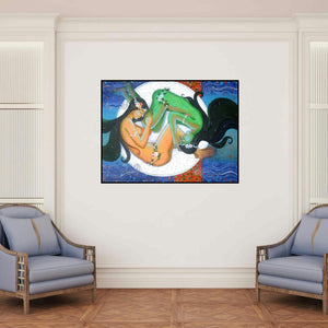 'Moonlight Dream (Lunar Embrace)' painting by Pallavi Deodhar shown on a wall in a furnished room.