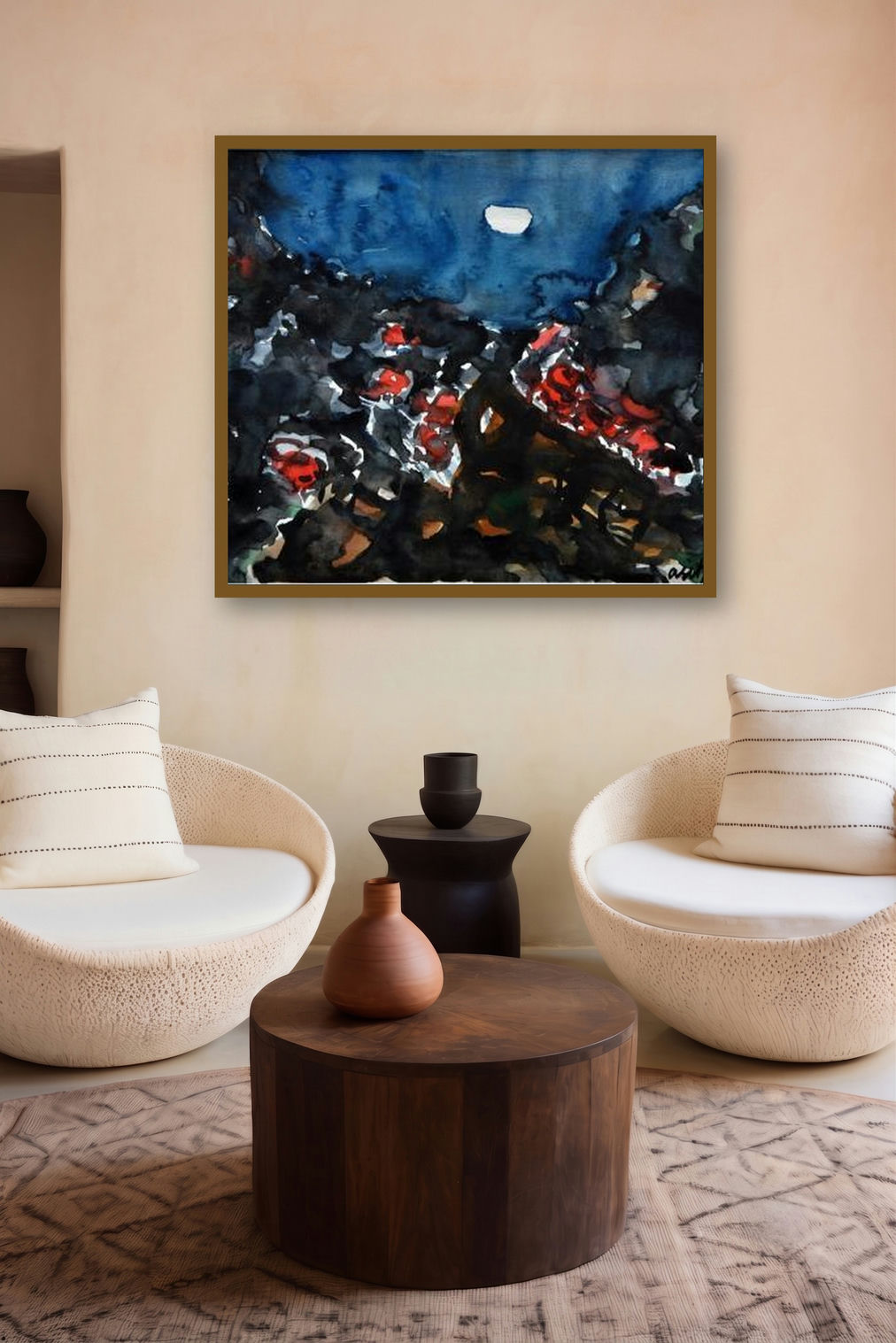Moonlit Village 1 (Moonlit Village) by artist Asit Poddar displayed in a Modern gallery