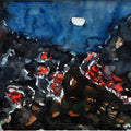 Abstract watercolor painting titled 'Moonlit Village 1', 10x13 inches, by artist Asit Poddar on Canvas