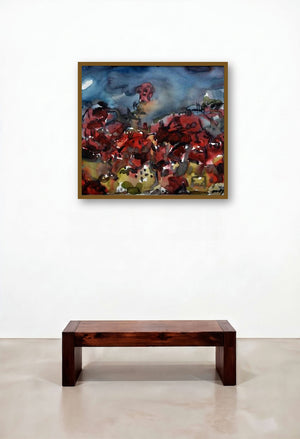Moonlit Village 2 (Crimson Tide) by artist Asit Poddar displayed in a Art Deco Dining Room