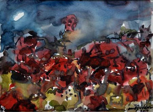Moonlit Village 2 (Crimson Tide) by Asit Poddar, Original Watercolor Abstract Painting on Canvas, X-Small Horizontal Wall Art