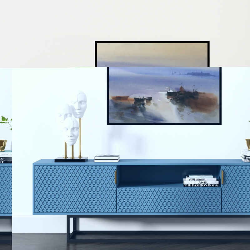 Preview of 'Mooring In The Mystique 22X30' Painting by Prashant Prabhu shown on a wall in a furnished room.