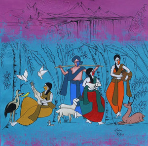 Morn (Harmony in Nature) by Chetan Katigar, Original Acrylic Contemporary Painting on Canvas, Small Square Wall Art