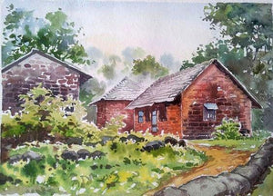 Mornig Smog (Rustic Harmony) by Gaurishankar Behera, Original Watercolor Landscape Painting on Paper, Small Horizontal Wall Art