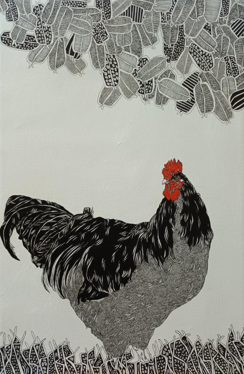 Animals pen drawing titled 'Morning 5', 30x20 inches, by artist Rama Krishna V on Canvas