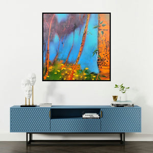 'Morning (Forest's Awakening)' painting by Sanjay Dhawale shown on a wall in a furnished room.