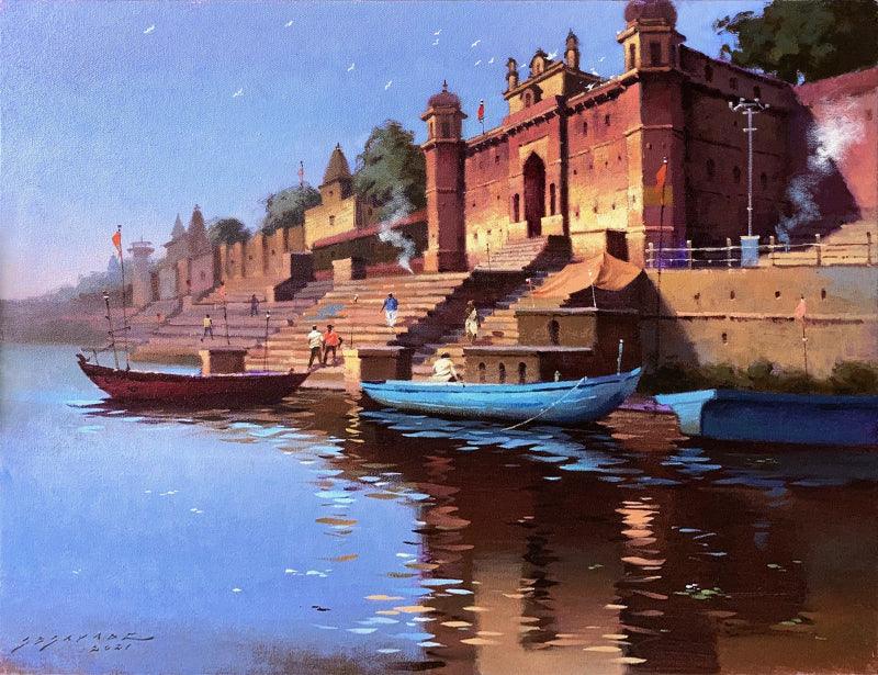 Cityscape acrylic painting titled 'Morning At Banaras', 20x26 inches, by artist Siddharth Gavade on Canvas