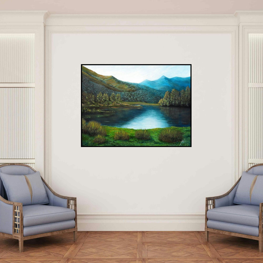 'Morning Dues' painting by Seby Augustine shown on a wall in a furnished room.