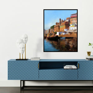 'Morning In Ghat (Sunrise on the Ganges)' painting by Atif Pachapuri shown on a wall in a furnished room.