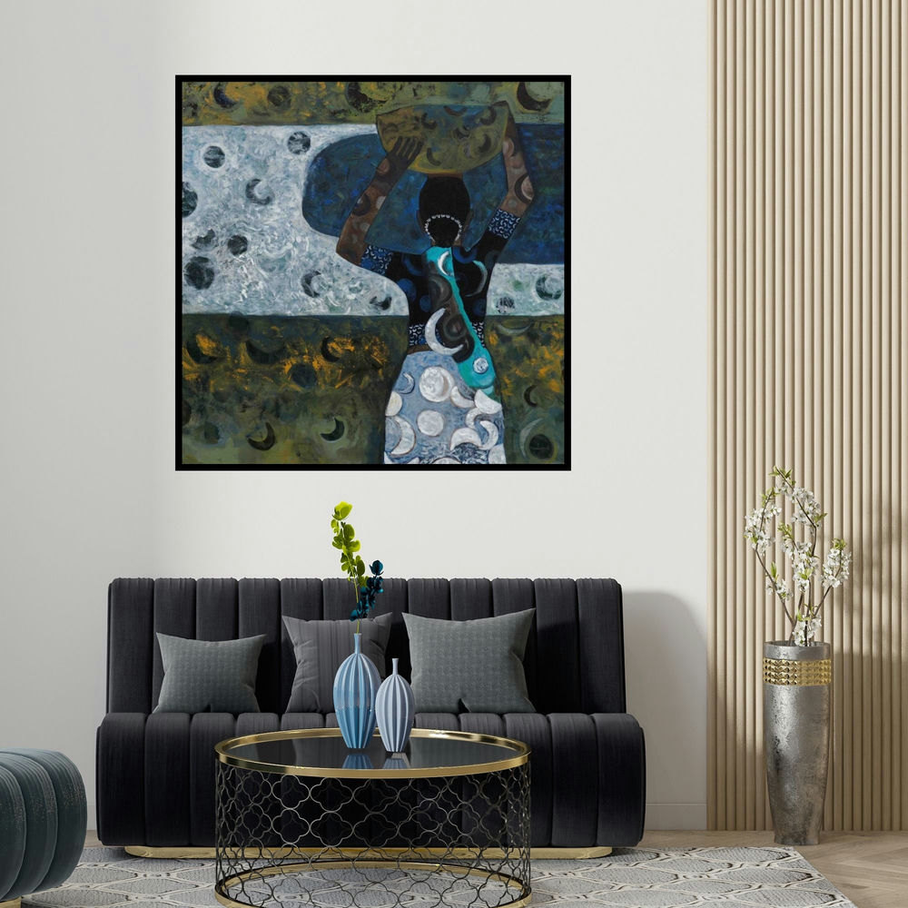 Harshada Kolapkar's 'Morning Glory (Woman Carrying Pot)' painting visualized above a sofa in a contemporary room.