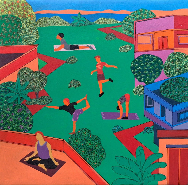 Morning Harmony' figurative acrylic painting by artist Prasanta Acharjee, 24x24 inch, on canvas