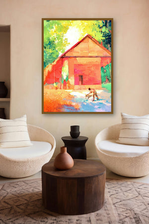 Morning Hustle 1 (Village House) by artist Sikandar Mulla displayed in a Modern gallery