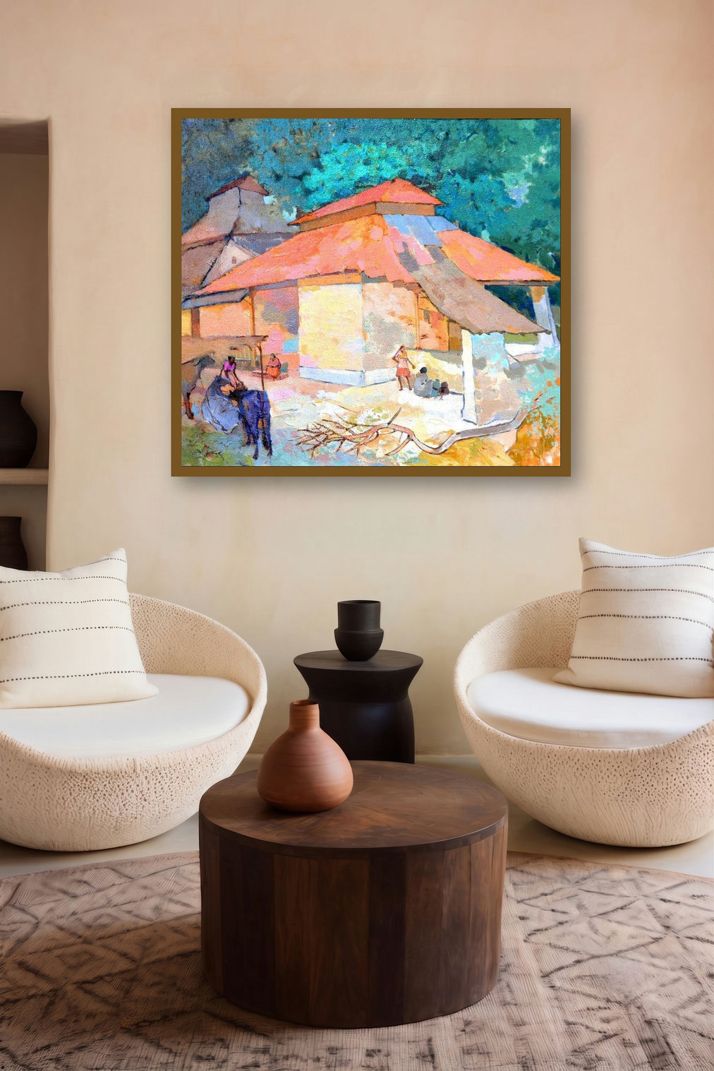 Morning Hustle 2 (Rural Indian Scene) by artist Sikandar Mulla displayed in a Museum Style gallery