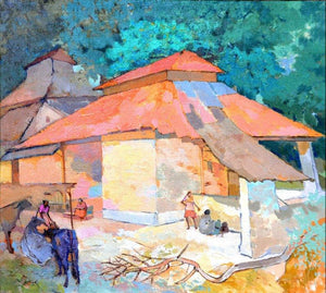 Morning Hustle 2 (Rural Indian Scene) by Sikandar Mulla, Original Acrylic Nature Painting on Canvas, Medium Horizontal Wall Art