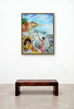 Morning In Banaras by artist Shambhu Nath Goswami displayed in a Scandinavian Home Office