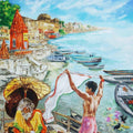 Cityscape mixed media painting titled 'Morning In Banaras', 28x22 inches, by artist Shambhu Nath Goswami on Paper