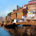 Religious acrylic painting titled 'Morning In Ghat', 30x24 inches, by artist Atif Pachapuri on Canvas