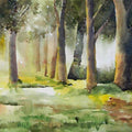 Landscape watercolor painting titled 'Morning In Wood', 14x21 inches, by artist Jitendra Sule on Handmade Paper