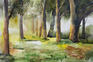 Morning In Wood (Ethereal Sunrise) by Jitendra Sule, Original Watercolor Landscape Painting on Handmade Paper, Small Horizontal Wall Art