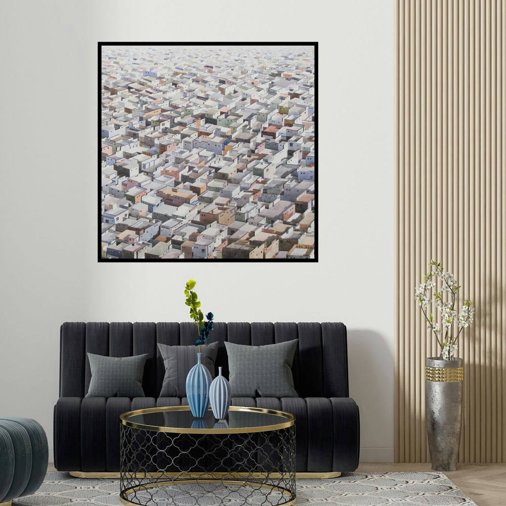 Madan Pawar's 'Morning Light' painting visualized above a sofa in a contemporary room.