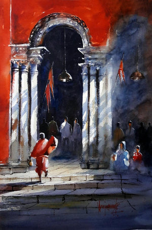 Morning Light (Passage to Faith) by Sanjay Dhawale, Original Watercolor Cityscape Painting on Paper, Small Vertical Wall Art