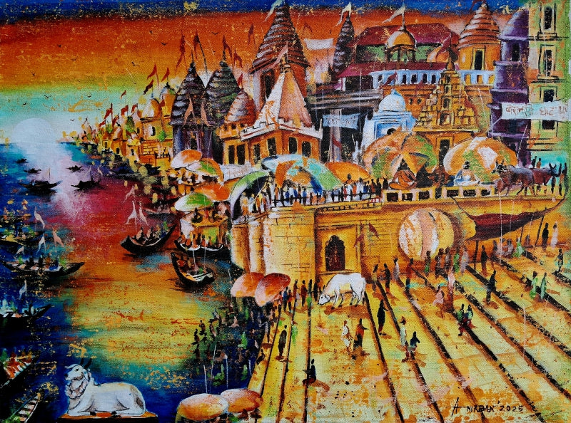 Morning Light At Varanasi Ghat' animals acrylic painting by artist Anirban Seth, 18x24 inch, on canvas