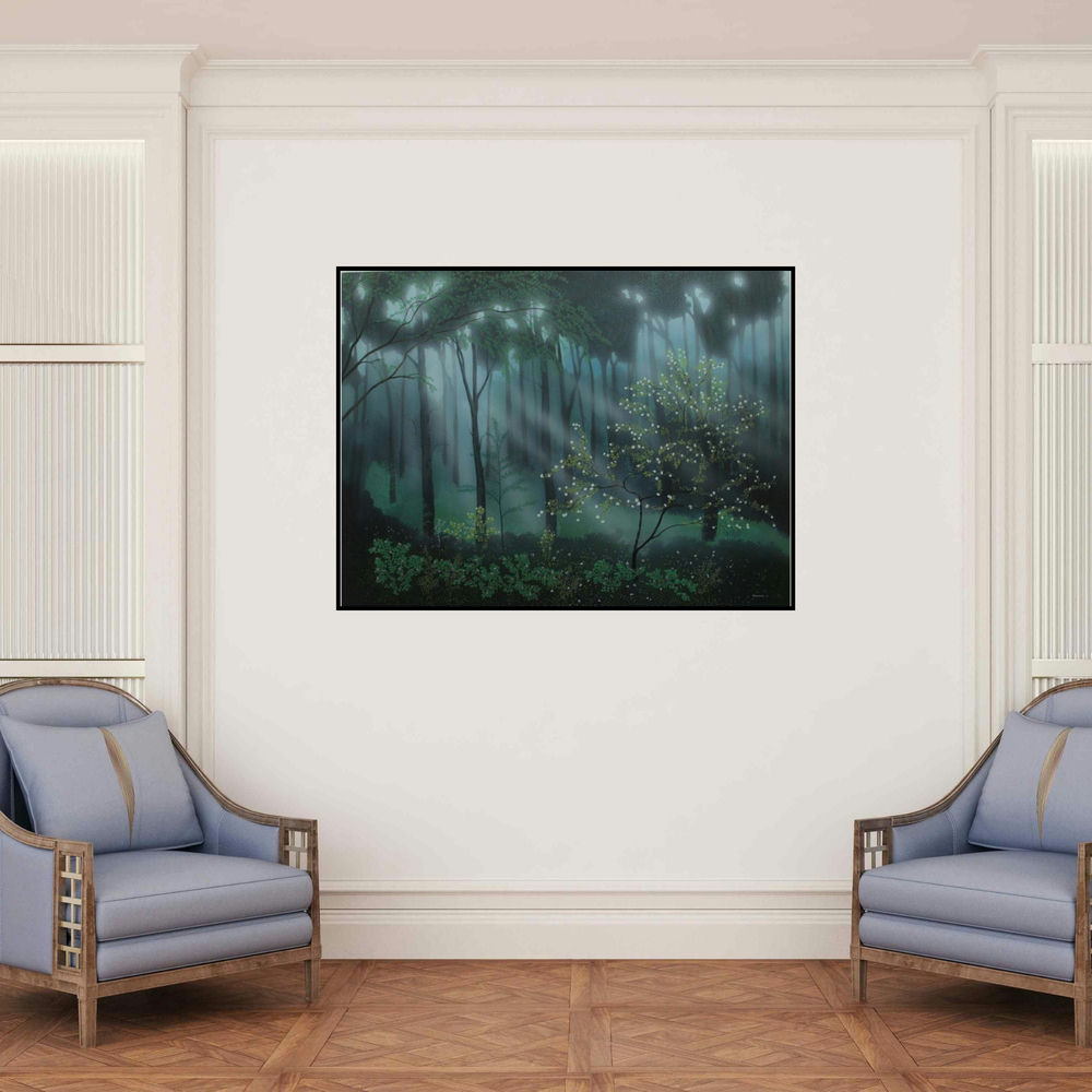 'Morning Lights' painting by Shuvankar Maitra shown on a wall in a furnished room.