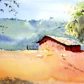 Morning Quiet Red Hut' landscape watercolor painting by artist Soven Roy, 14x20 inch, on paper