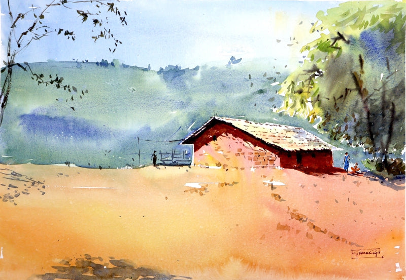 Morning Quiet Red Hut' landscape watercolor painting by artist Soven Roy, 14x20 inch, on paper