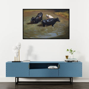 Preview of 'Morning Rituals' Painting by Amit Dhane shown on a wall in a furnished room.