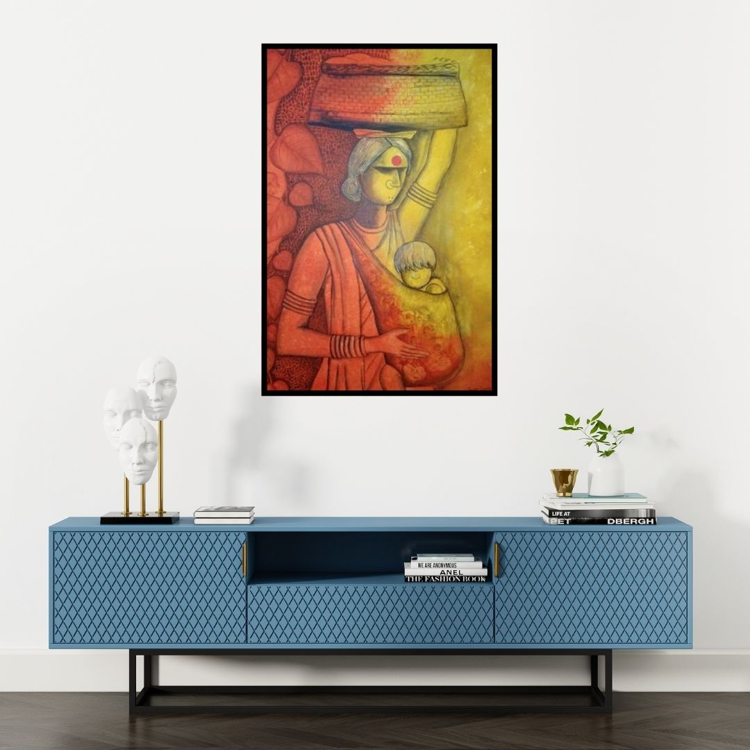 Preview of 'The Mother' Painting by Janaki Injety shown on a wall in a furnished room.