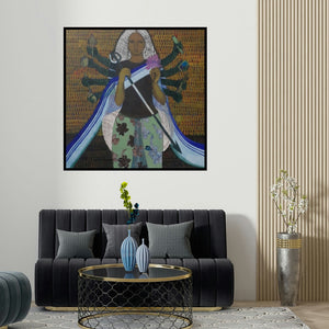 Harshada Kolapkar's 'Mother (Modern Shakti)' painting visualized above a sofa in a contemporary room.