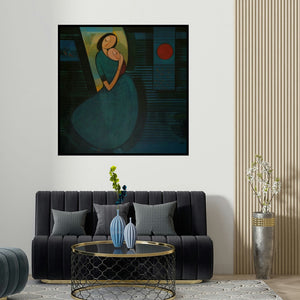 Dattatraya Thombare's 'Mother And Child 1 (Unconditional Love)' painting visualized above a sofa in a contemporary room.