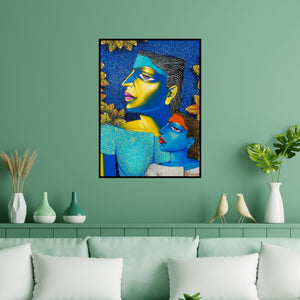 Preview of 'Mother And Child 1 (Mother and Child)' Painting by Dayanand Kamakar shown on a wall in a furnished room.