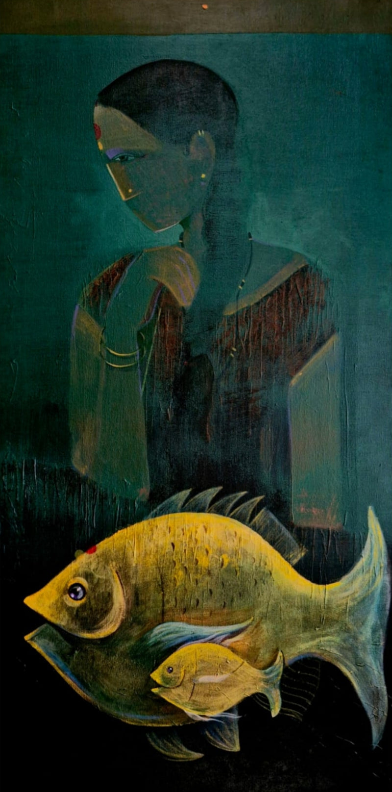 Mother And Child 1' figurative acrylic painting by artist Anuj Jagtap, 36x18 inch, on canvas