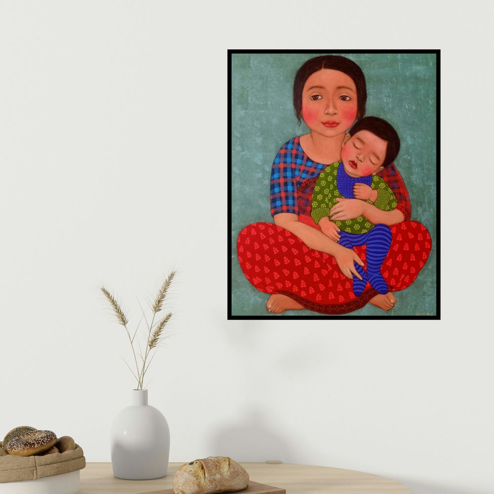 Meena Laishram's 'Mother And Child (The Scholar)' painting visualized above a sofa in a contemporary room.