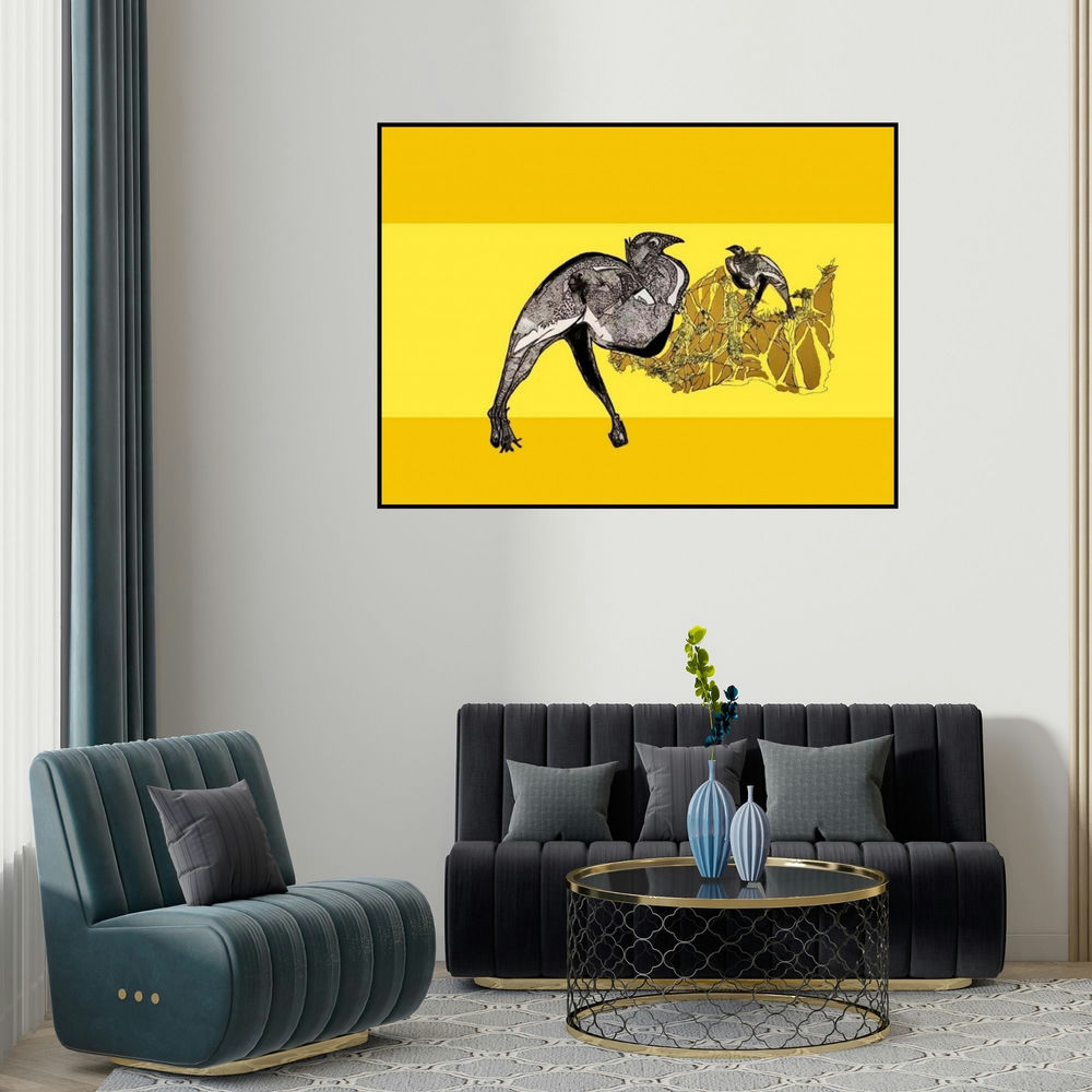 Tabassum Yusuf's 'Mother And Child (Birds on Yellow)' painting visualized above a sofa in a contemporary room.